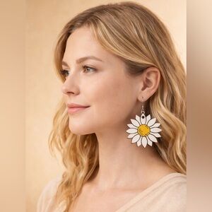 Handmade Wooden Daisy Earrings White Yellow Floral Dangle Boho Lightweight NEW